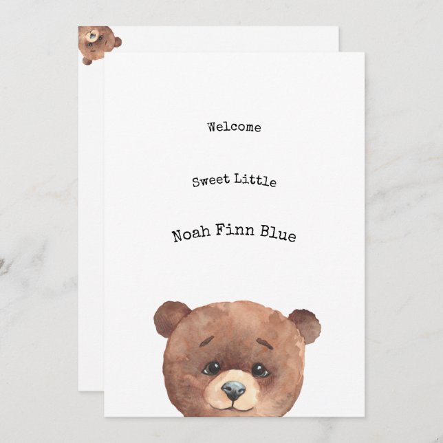 Cute Animal Brown Bear Sweet Baby Announcement (Front/Back)