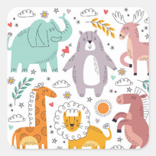 Cute Animal Cartoon Collection Square Sticker
