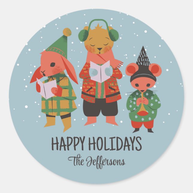 Cute Animal Christmas Carol Snowy Winter Holiday Classic Round Sticker (Front)