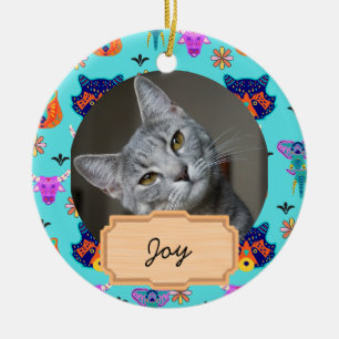Cute Animal christmas holiday Custom cat Photo Ceramic Ornament