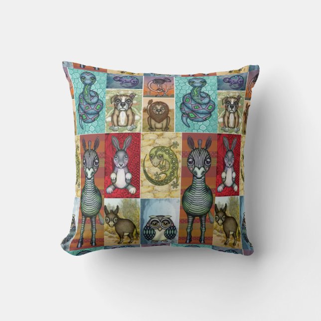 Cute Animal Collage Folk Art Design Cushion (Front)