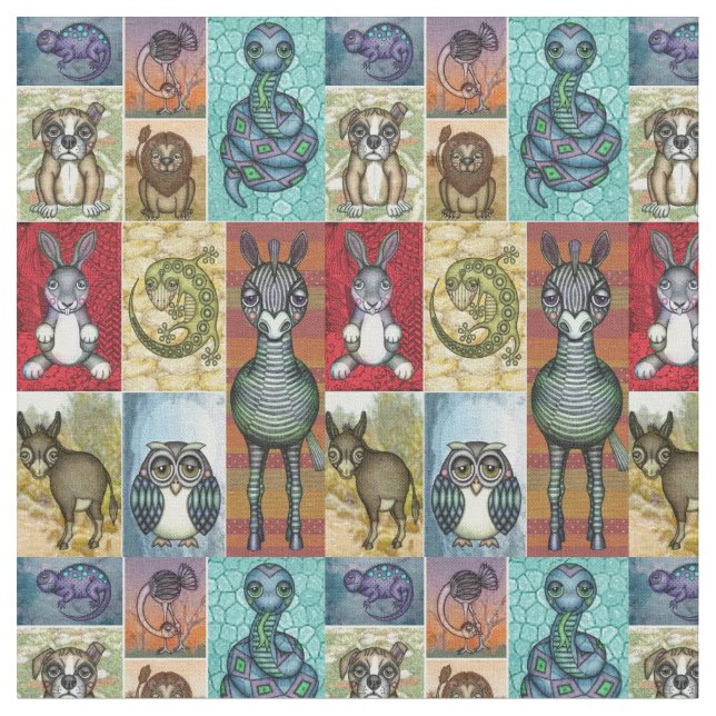 Cute Animal Collage Folk Art Design Fabric (Close Up)