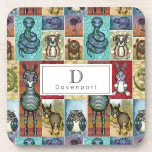 Cute Animal Collage Folk Art Design Personalised Coaster