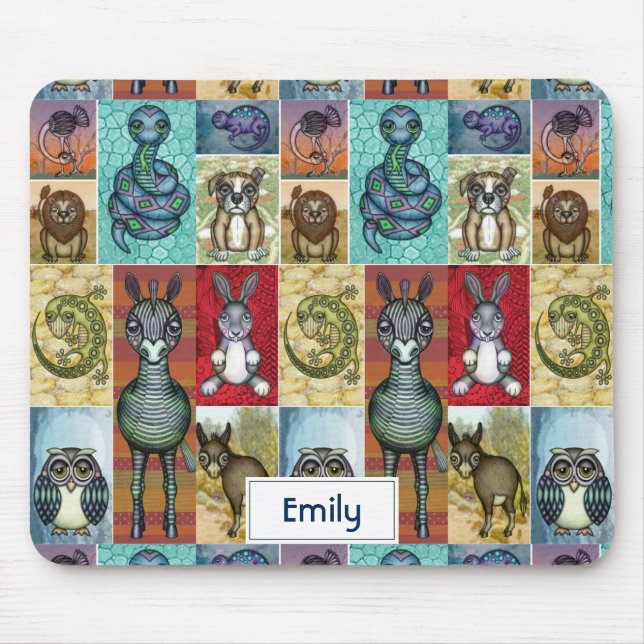 Cute Animal Collage Folk Art Design Personalised Mouse Pad (Front)