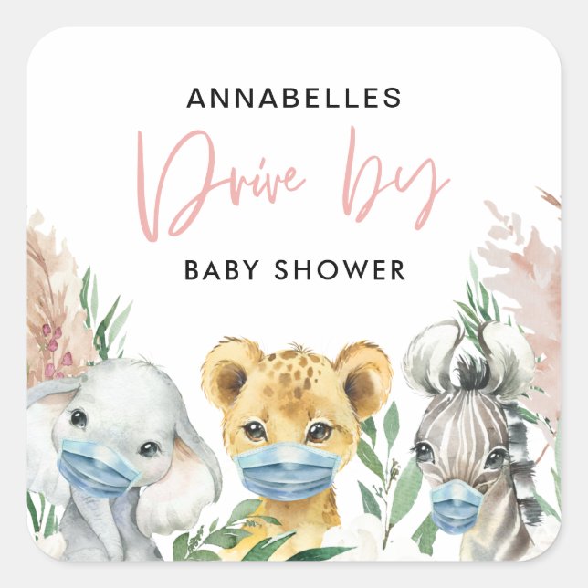 Cute animal covid mask drive by baby square sticker (Front)