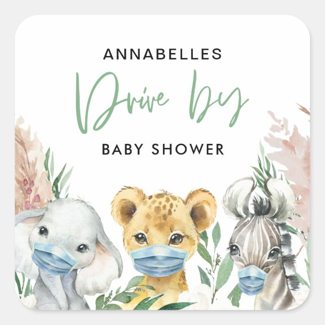 Cute animal covid mask drive by baby square sticker (Front)