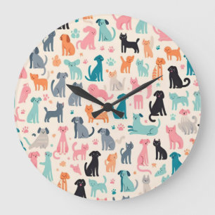 Cute Animal Designs Seamless Dog & Cat Pattern Large Clock