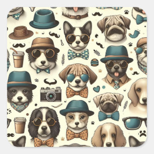 Cute Animal Designs Seamless Dog & Cat Pattern Square Sticker