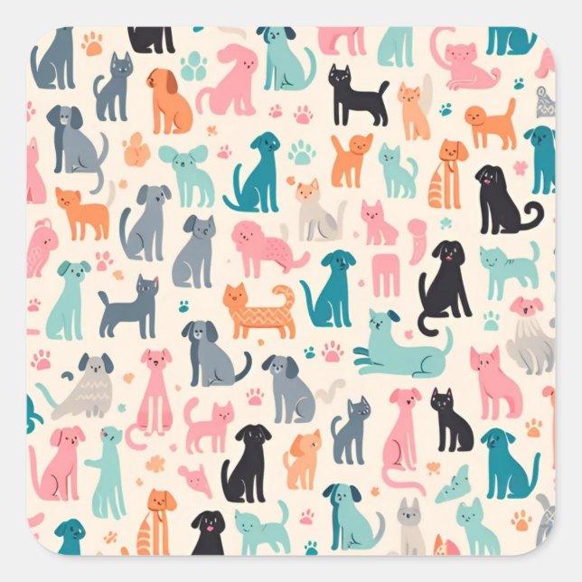 Cute Animal Designs Seamless Dog & Cat Pattern Square Sticker (Front)