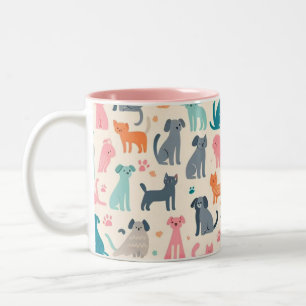Cute Animal Designs Seamless Dog & Cat Pattern Two-Tone Coffee Mug