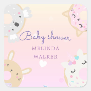 cute animal doughnuts monogram baby shower square sticker