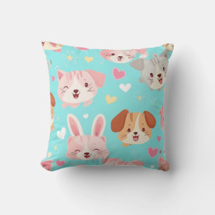 Cute Animal Faces and Pastel Hearts Cushion