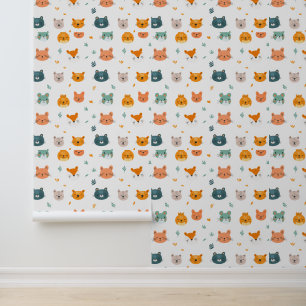 Cute Animal Faces Pattern with Leaves Wallpaper
