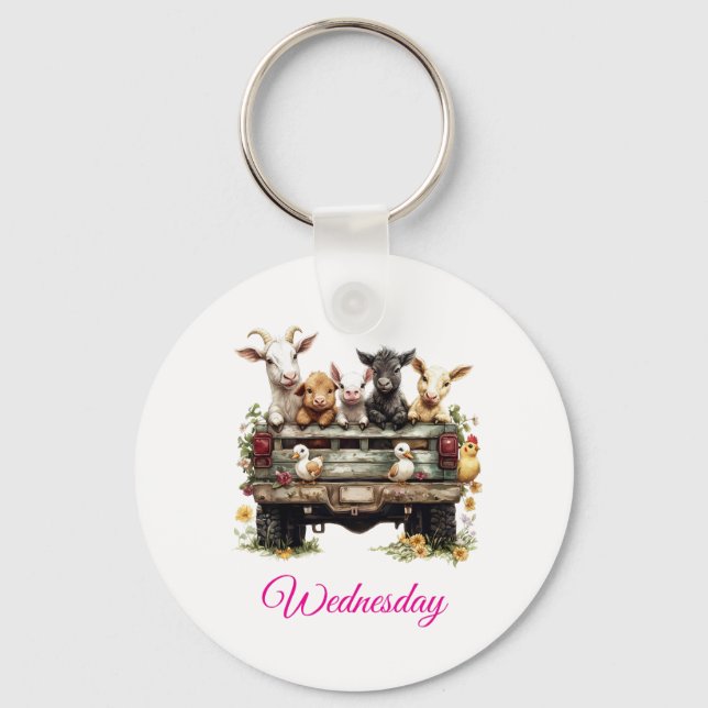Cute Animal Farm On Round Button Key Ring (Front)