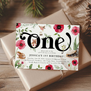 Cute Animal & Floral 'ONE' Tea Party 1st Birthday Invitation