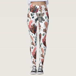 cute animal florals and leaves pattern doodle art leggings