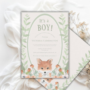 Cute Animal Fox Watercolor Greenery Baby Invitation