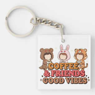 Cute Animal Friends Coffee Lovers Key Ring
