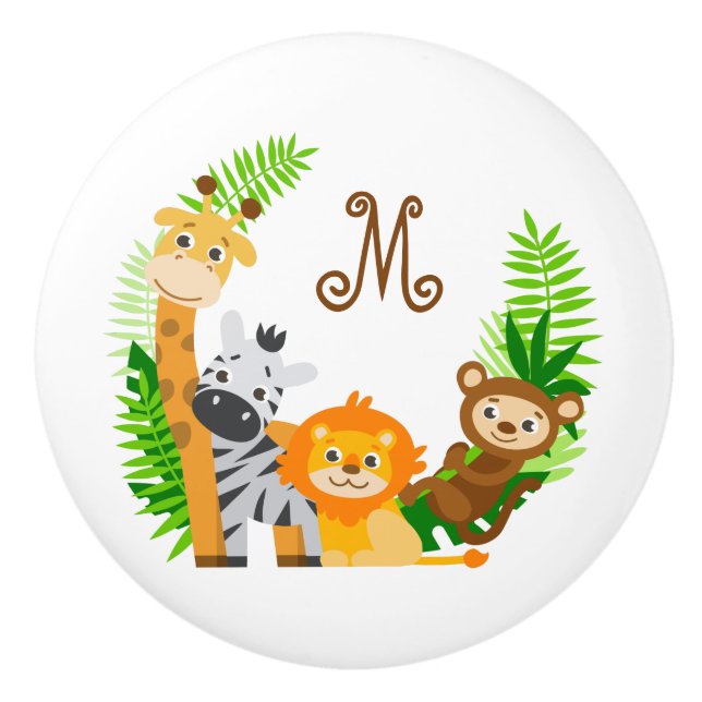 Cute animal friends monogrammed ceramic knob (Front)