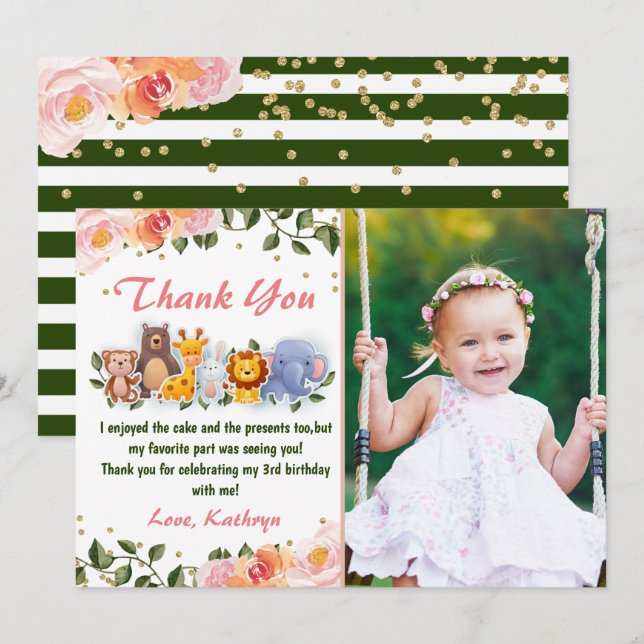 Cute Animal Friends Pink Floral Birthday Photo Thank You Card (Front/Back)
