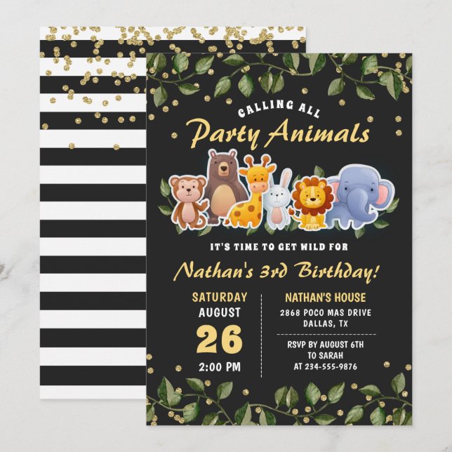 Cute Animal Friends Zoo Party Greenery Birthday Invitation (Front/Back)