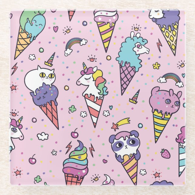 Cute Animal Ice Cream Cones Glass Coaster (Front)
