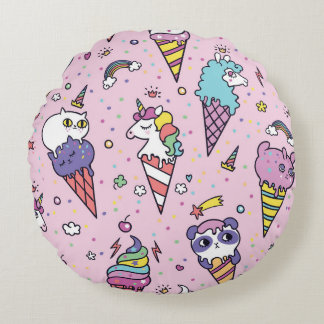 Cute Animal Ice Cream Cones Round Cushion