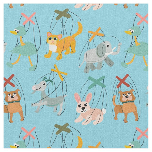 Cute Animal Marionette Puppets Puppeteer Pattern Fabric (Close Up)