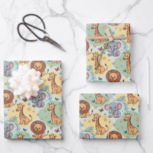 Cute animal pattern featuring lions, giraffes wrapping paper sheet