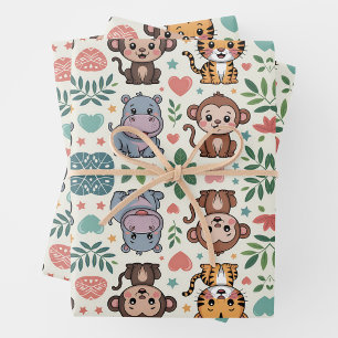 Cute animal pattern with monkeys, tigers wrapping paper sheet