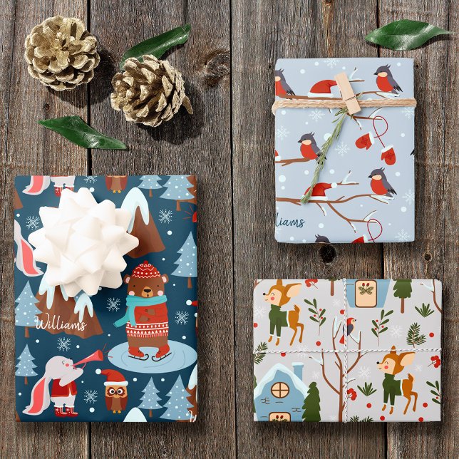 Cute Animal Pattern with Name Blue Christmas Wrapping Paper Sheet (Creator Uploaded)