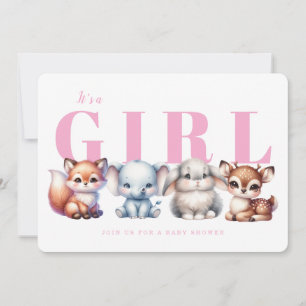 Cute Animal Pink Girl Baby Shower Invitation