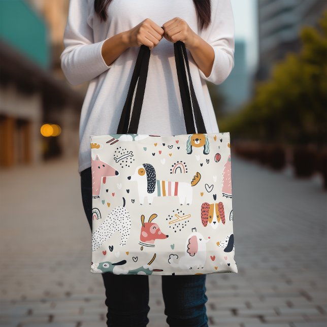 Cute Animal Print Tote Bag, Colourful Dog Pattern (Creator Uploaded)