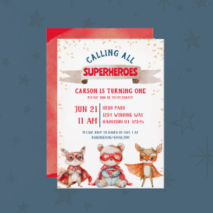 Cute Animal Superhero First Birthday Invitation