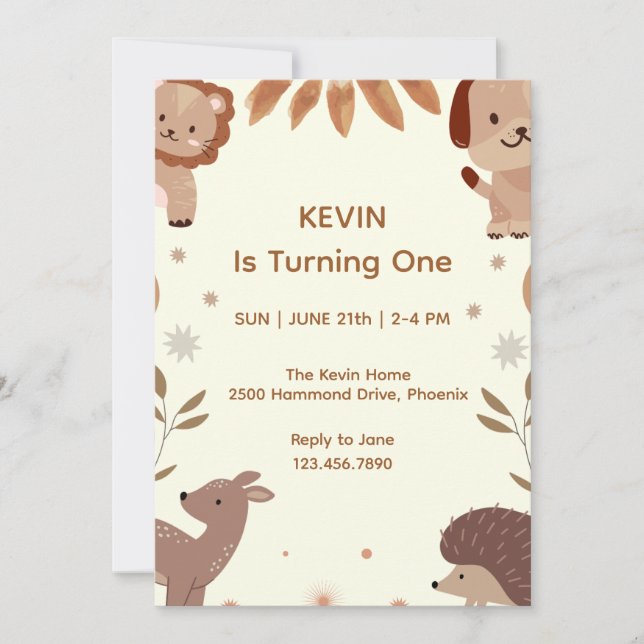 Cute Animal Theme First Birthday Invitation (Front)