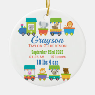 Cute Animal Train Baby Birth Announcement Ceramic Ornament
