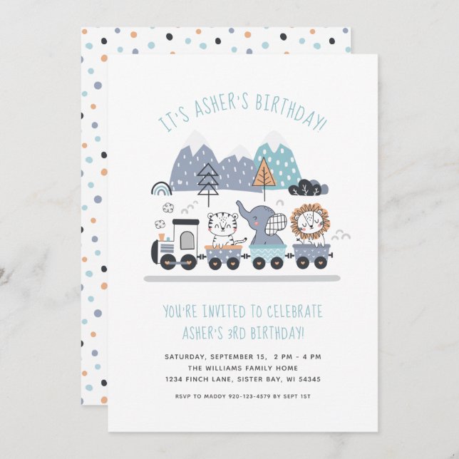 Cute Animal Train Birthday Party Invitation (Front/Back)