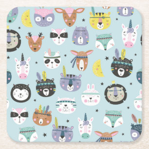 Cute Animal Tribal: Boho Pattern Square Paper Coaster