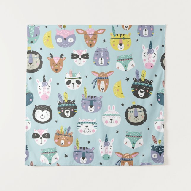 Cute Animal Tribal: Boho Pattern Tapestry (Front)