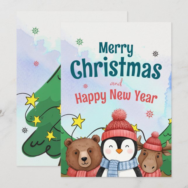 Cute Animal Watercolor Christmas Blue colour Holiday Card (Front/Back)