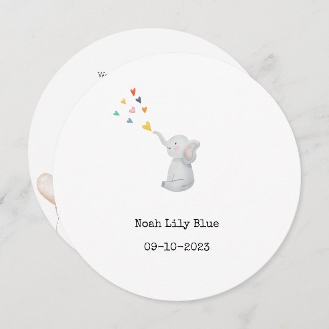 Cute Animal Watercolor Elephant Hearts Card (Front/Back)