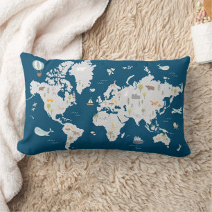 Cute Animal World Map Lumbar Cushion