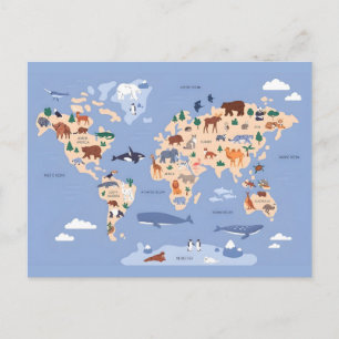 Cute Animal World Map Postcard