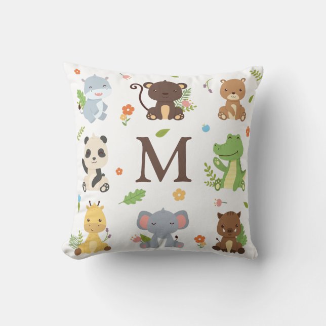 Cute Animal Zoo Wildlife Kids Initial Cushion (Front)