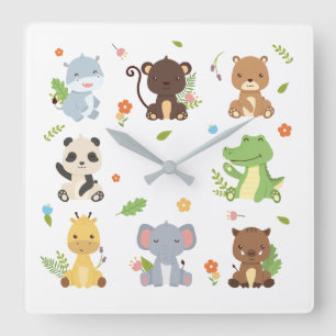 Cute Animal Zoo Wildlife Kids Square Wall Clock