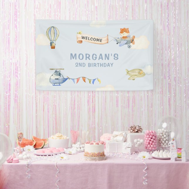 Cute Animals Aeroplane Blue Birthday Banner (Party)