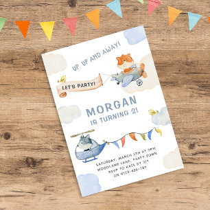 Cute Animals Aeroplane Blue Birthday Invitation