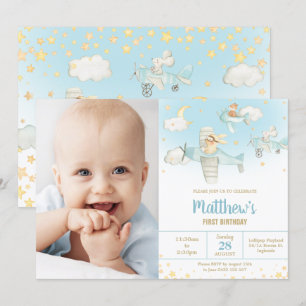 Cute Animals Aeroplane Stars Sky Birthday Boy Phot Invitation