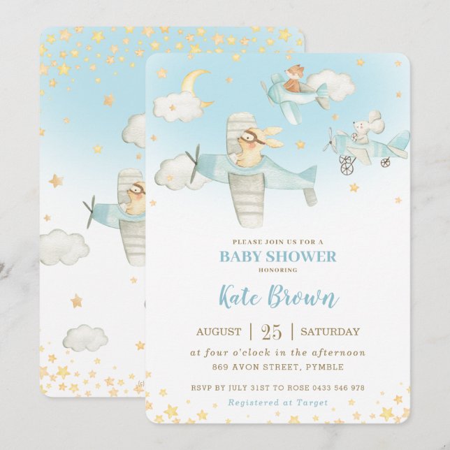 Cute Animals Aeroplanes Stars Sky Baby Shower Boy Invitation (Front/Back)