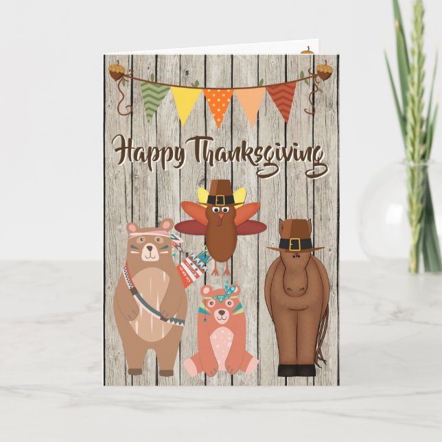 Cute Animals and Bunting Happy Thanksgiving Holiday Card (Front)